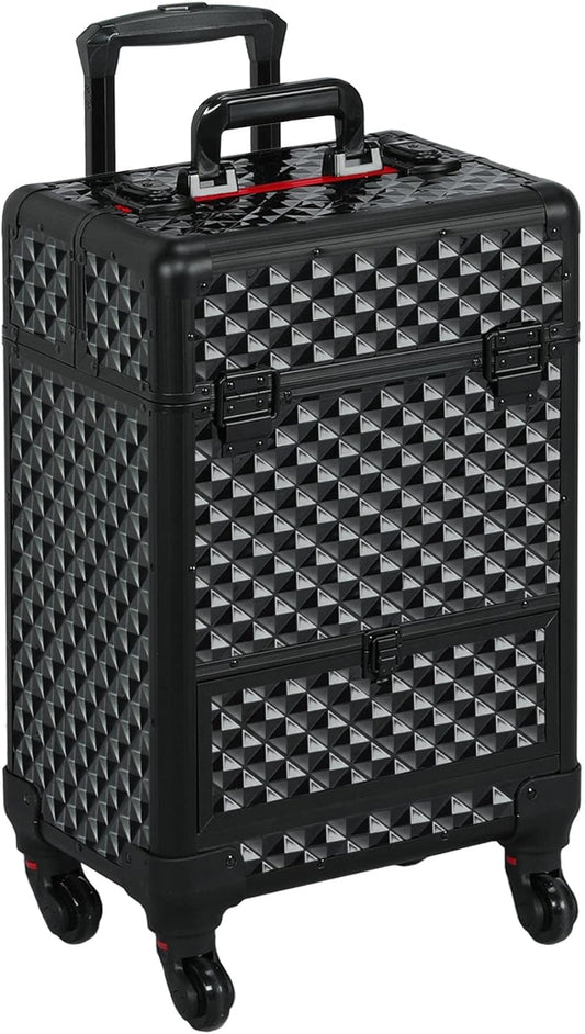 Rolling Makeup Train Case Aluminum Cosmetic Case with Wheels Barber Case Salon Lockable Travel Trolley with Sliding Drawers Removable Divider, Black/Red