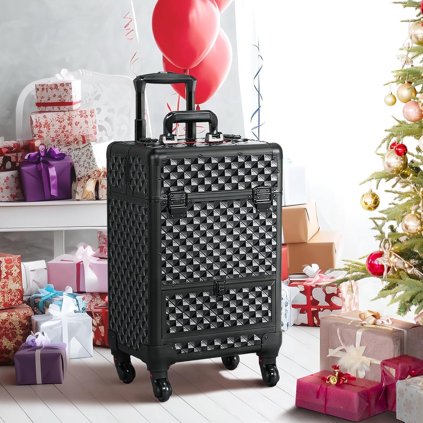 Rolling Makeup Train Case Aluminum Cosmetic Case with Wheels Barber Case Salon Lockable Travel Trolley with Sliding Drawers Removable Divider, Black/Red