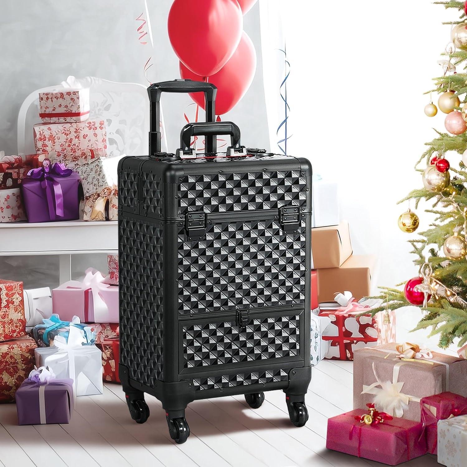 Rolling Makeup Train Case Aluminum Cosmetic Case with Wheels Barber Case Salon Lockable Travel Trolley with Sliding Drawers Removable Divider, Black/Red