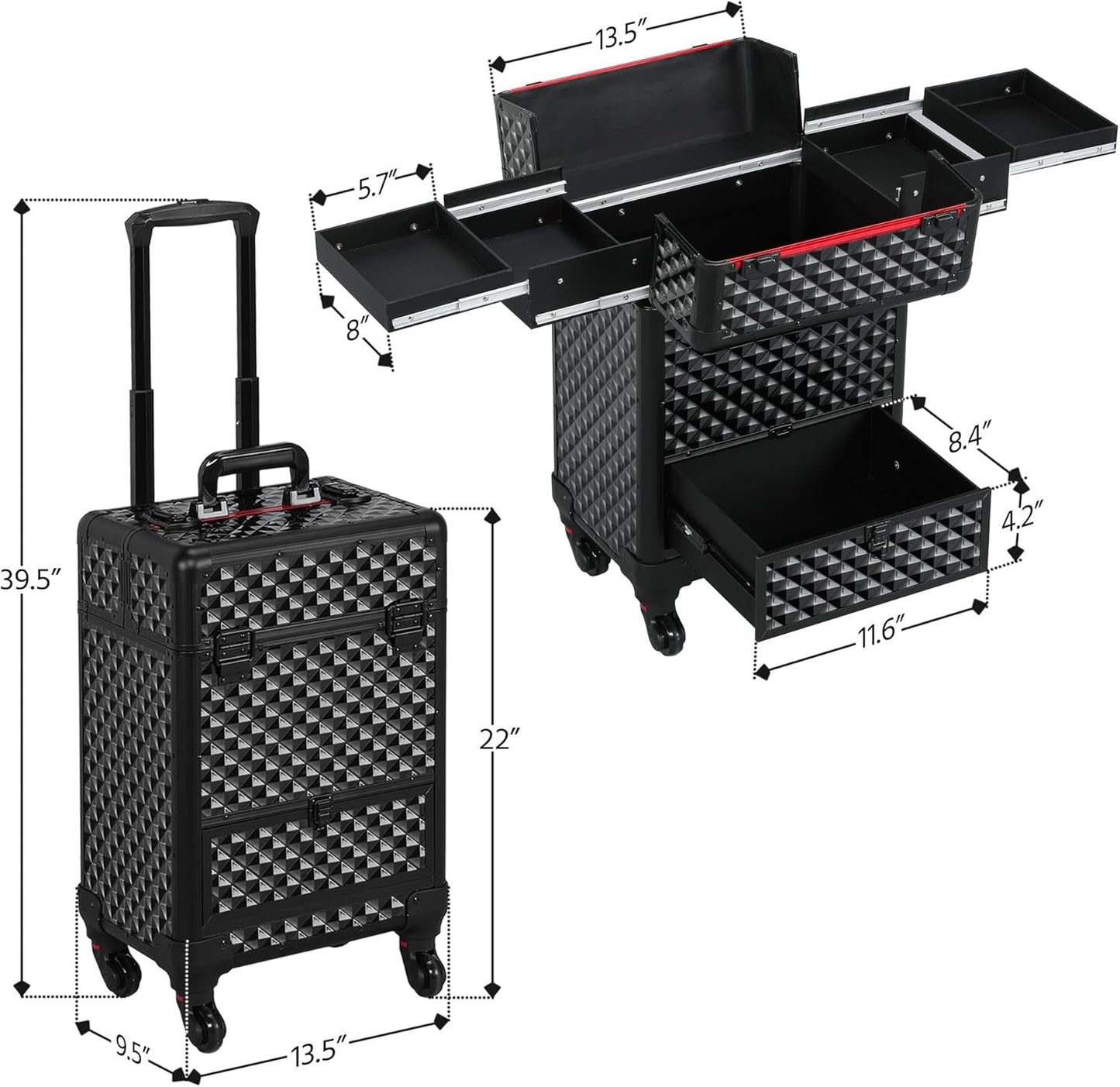 Rolling Makeup Train Case Aluminum Cosmetic Case with Wheels Barber Case Salon Lockable Travel Trolley with Sliding Drawers Removable Divider, Black/Red