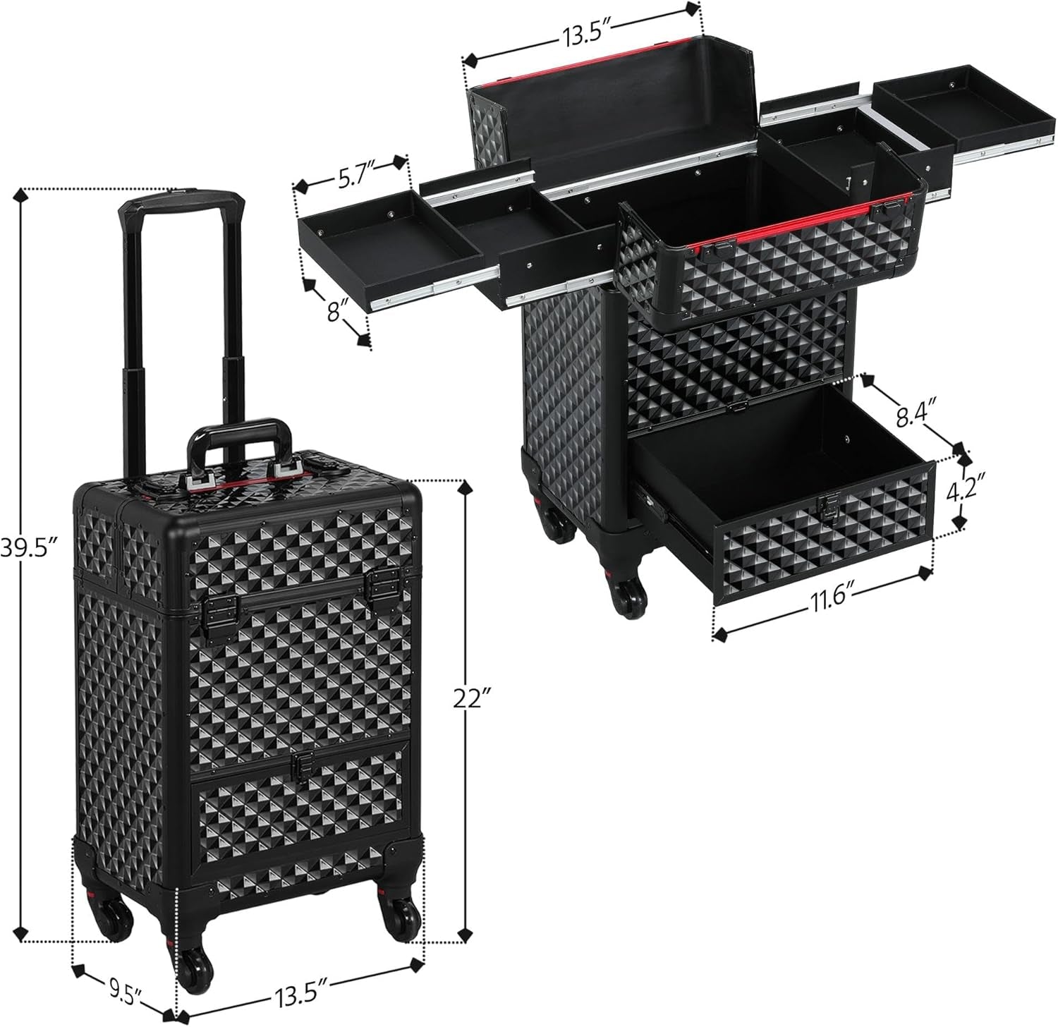 Rolling Makeup Train Case Aluminum Cosmetic Case with Wheels Barber Case Salon Lockable Travel Trolley with Sliding Drawers Removable Divider, Black/Red