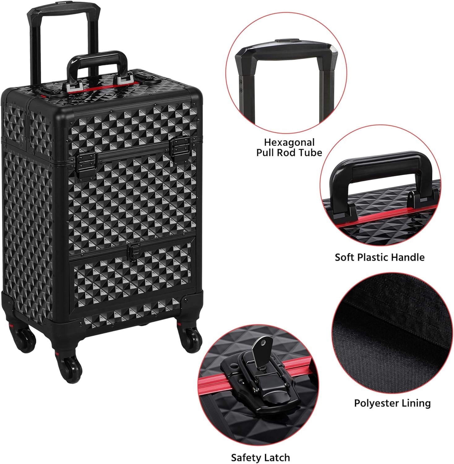 Rolling Makeup Train Case Aluminum Cosmetic Case with Wheels Barber Case Salon Lockable Travel Trolley with Sliding Drawers Removable Divider, Black/Red